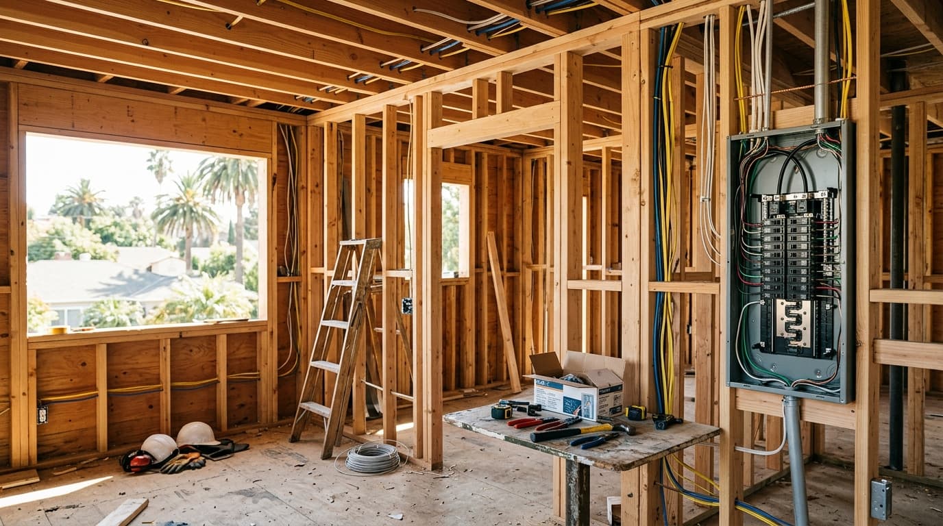 Interior of a home under renovation showing new framing, electrical panel, and exposed wiring ready for inspection