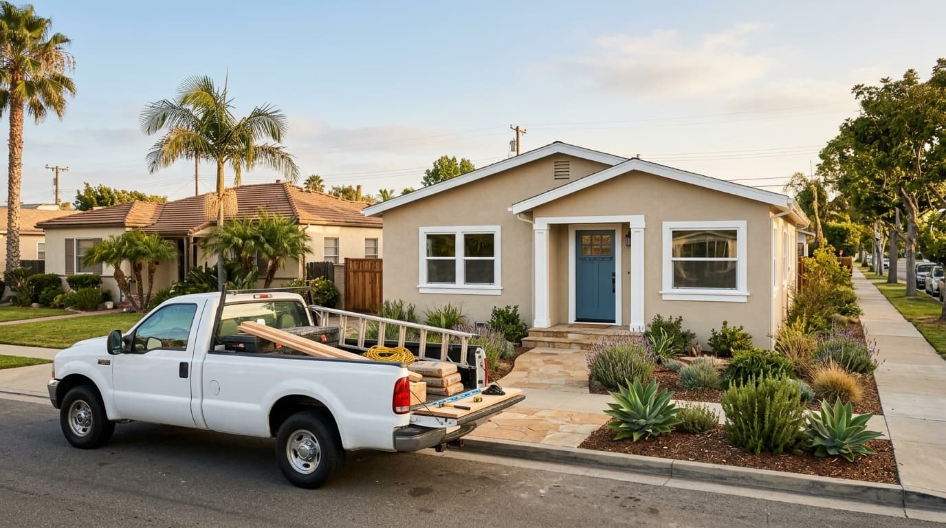 Small contractor's work truck parked in front of a home with a freshly installed front door and finished trim