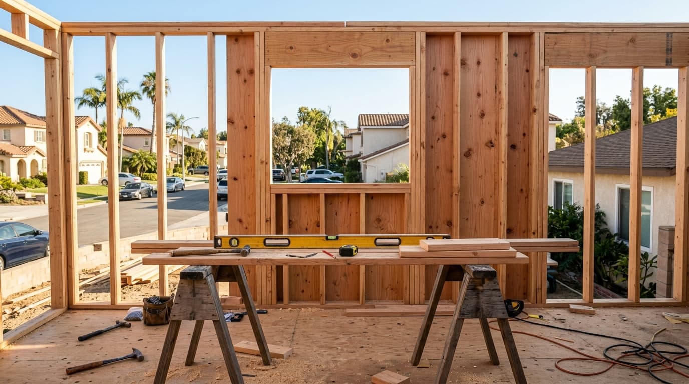 Wooden framed wall under construction in a home with tools and a level resting on a sawhorse