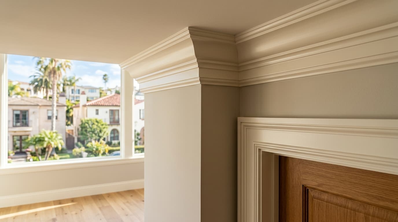 Close-up of precisely fitted wood trim and crown molding in a freshly finished room