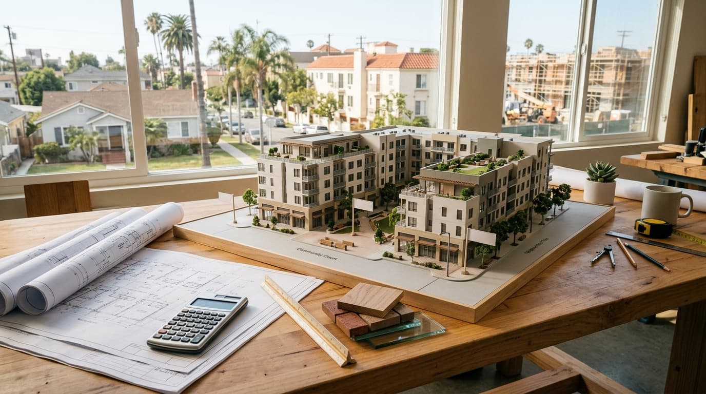 Architectural model of a mixed-use building on a desk next to blueprints and a calculator