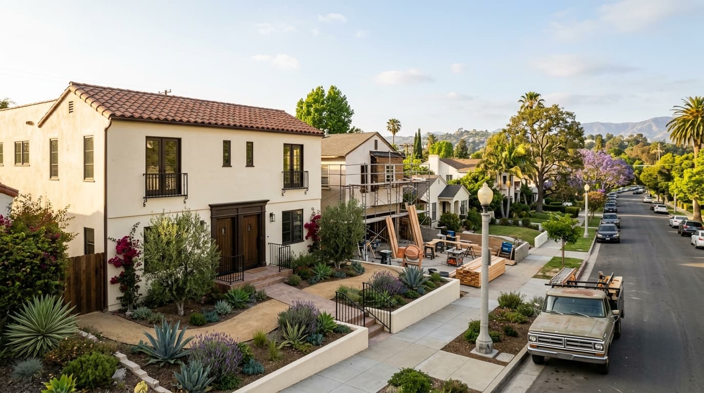 Renovated residential building with fresh facade and landscaped entry in a Southern California neighborhood