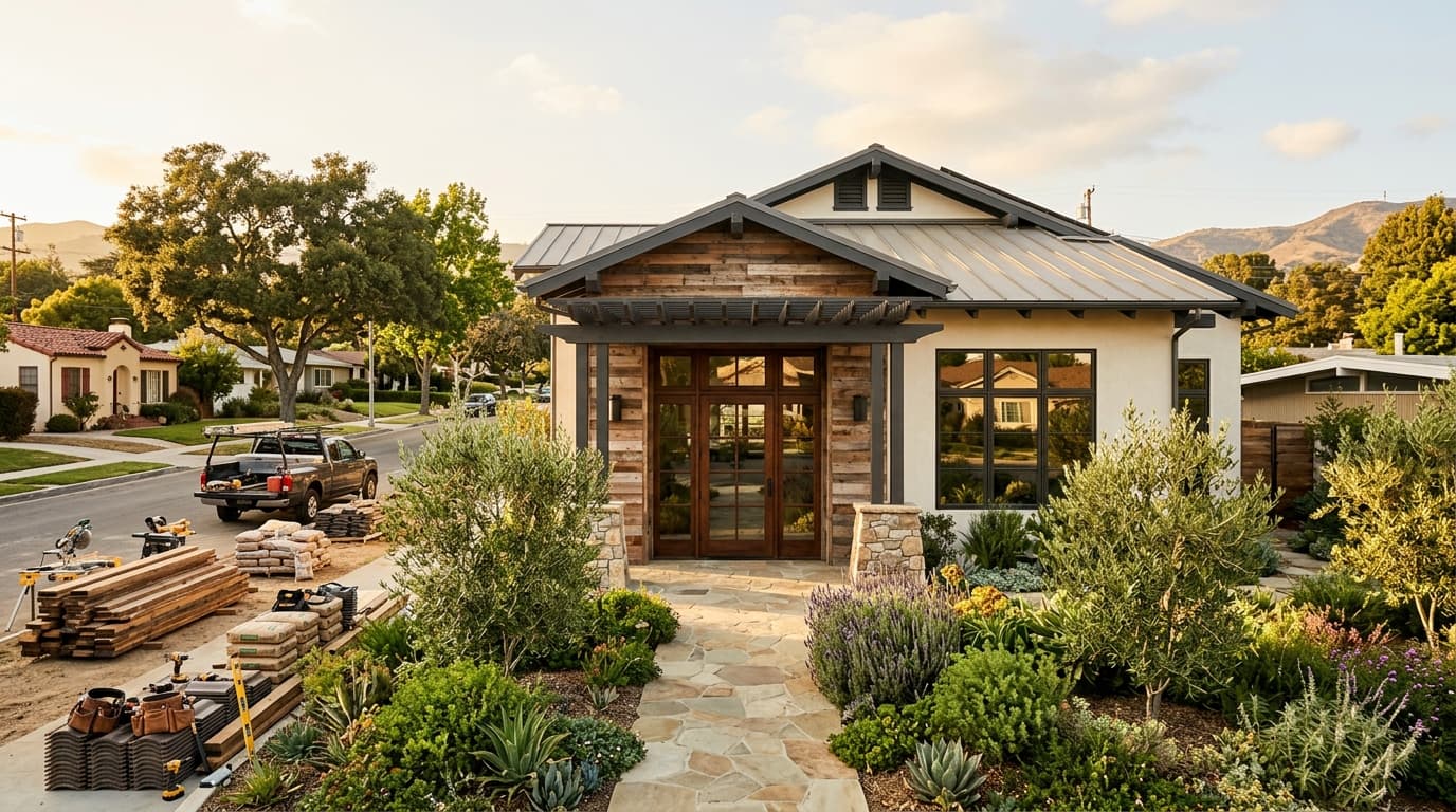 Newly renovated community building with a welcoming entrance and garden in a residential neighborhood