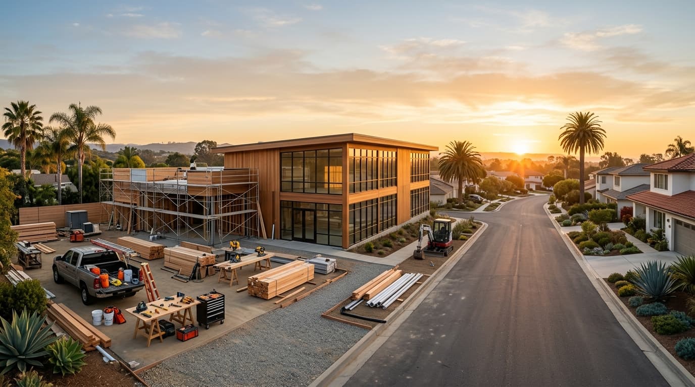 Sunrise over a modern commercial building with warm light on its glass facade