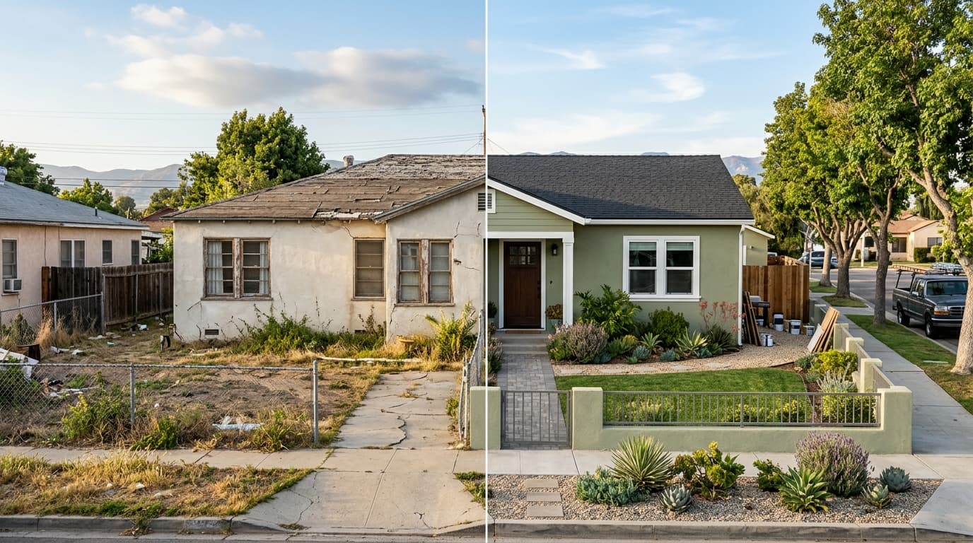 Before and after view of a modest stucco house with repaired roof, new windows, fresh paint, and landscaped front yard