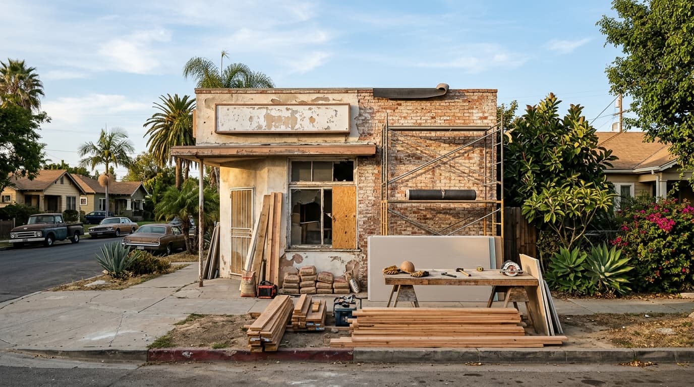 Weathered single-story commercial building with faded signage and overgrown landscaping in a Southern California neighborhood