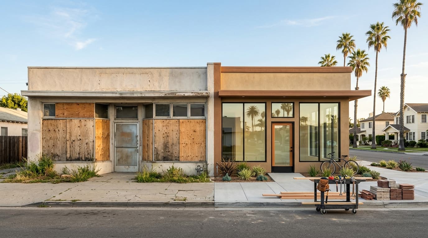 Vacant commercial building with boarded windows beside the same building restored with a new storefront