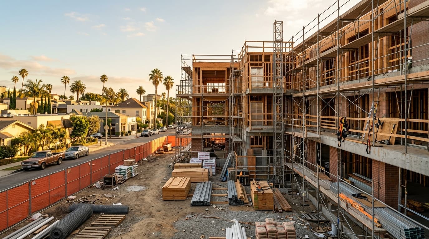 Commercial building under construction with scaffolding, safety fencing, and posted permit signage