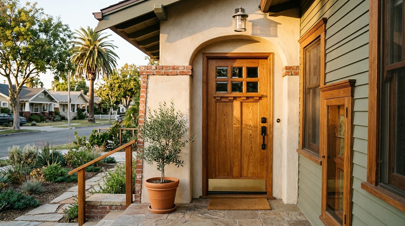 Warm sunlit doorway of a newly restored home with a handmade wooden door and a small potted plant