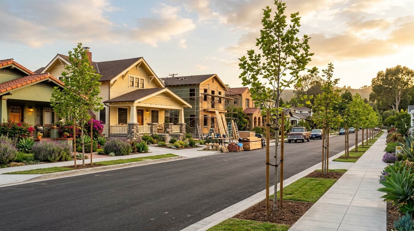 Young trees planted along a newly renovated street with restored homes in warm afternoon light