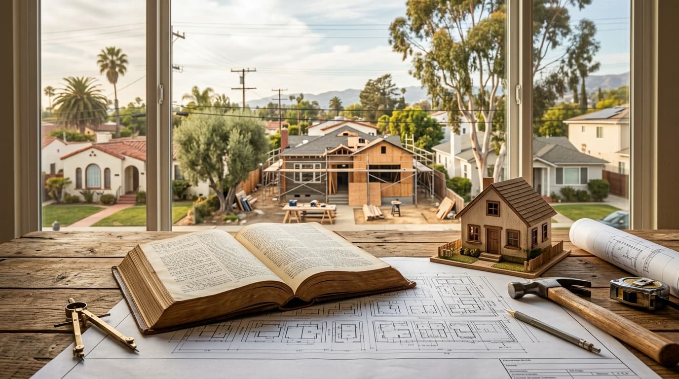 Open Bible resting on an architectural plan on a wooden table beside a small model house